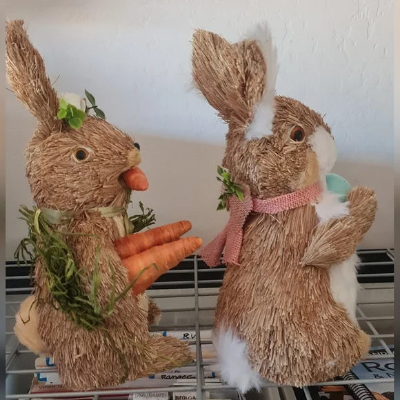 Michaels Sisal Bunny by Ashland Set/2 Carrot & Egg - White Fake Fur - EUC - Picture 4 of 6